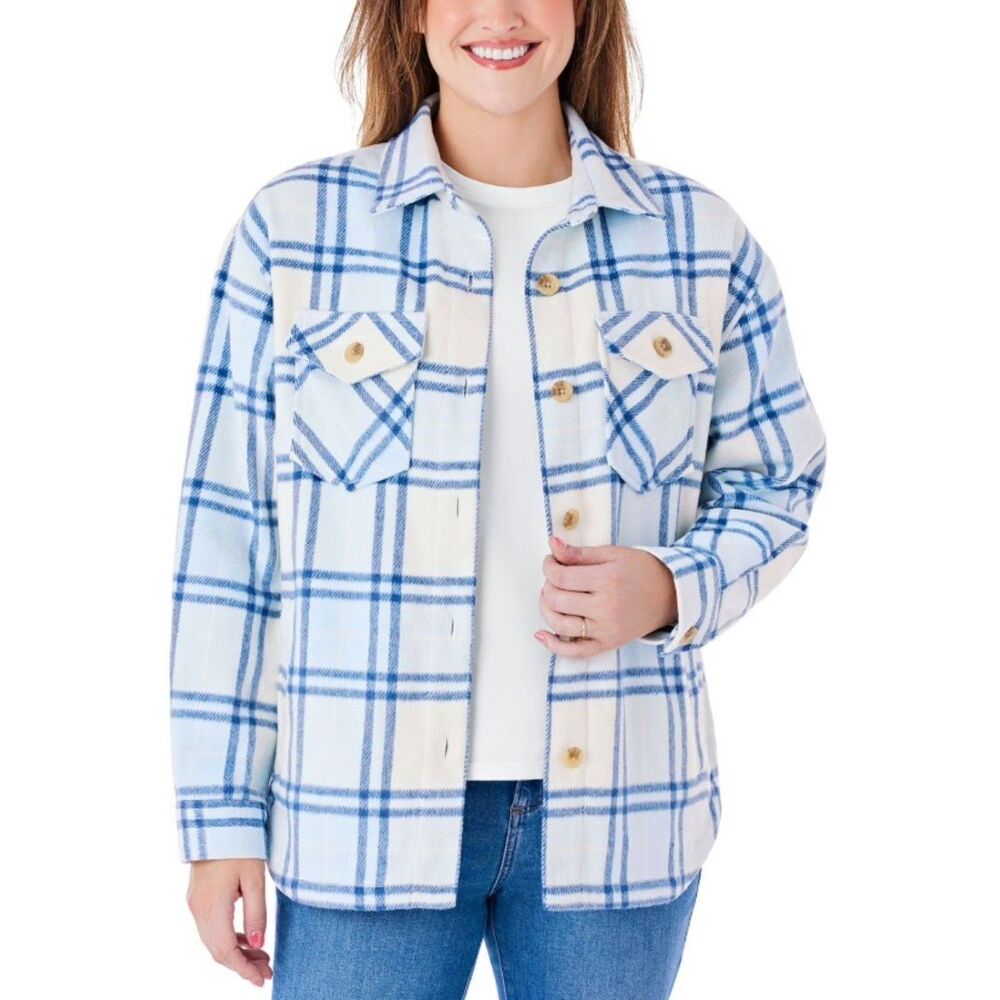 NEW Blue Plaid Sz XL Cozy Soft Flannel Shacket Shirt Jacket Pockets MEMBERS MARK